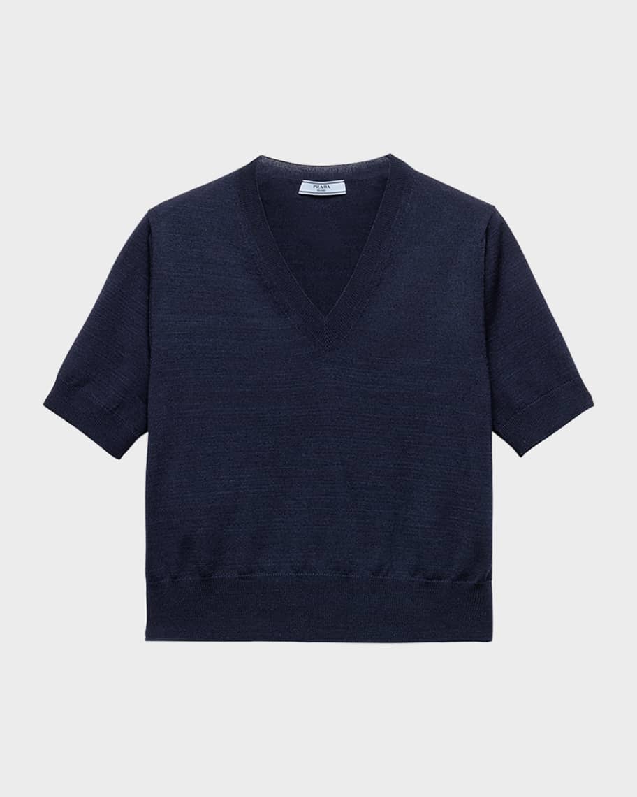 Prada V-Neck Short Sleeve Boxy Wool Sweater | Neiman Marcus