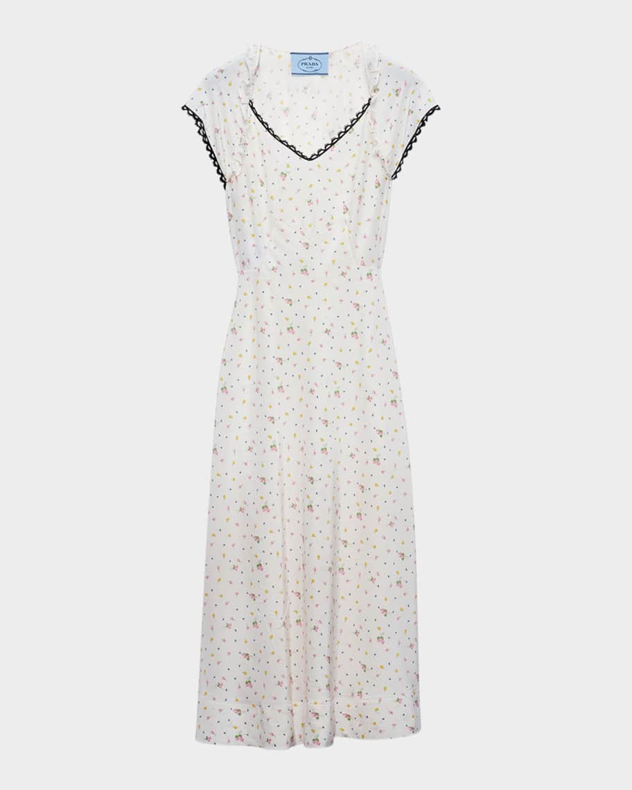 Prada Floral Lace-Trim Midi Dress | Neiman Marcus