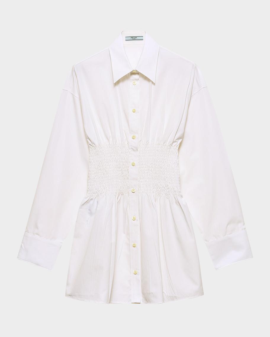 Prada Smocked Long-Sleeve Poplin Shirt | Neiman Marcus