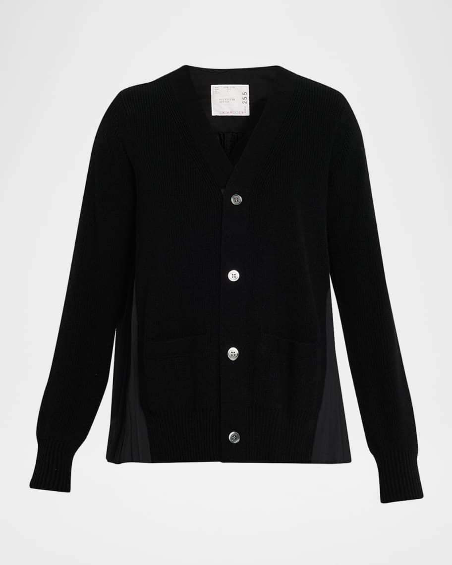 SACAI Pleated-Back Rib-Knit Cardigan | Neiman Marcus