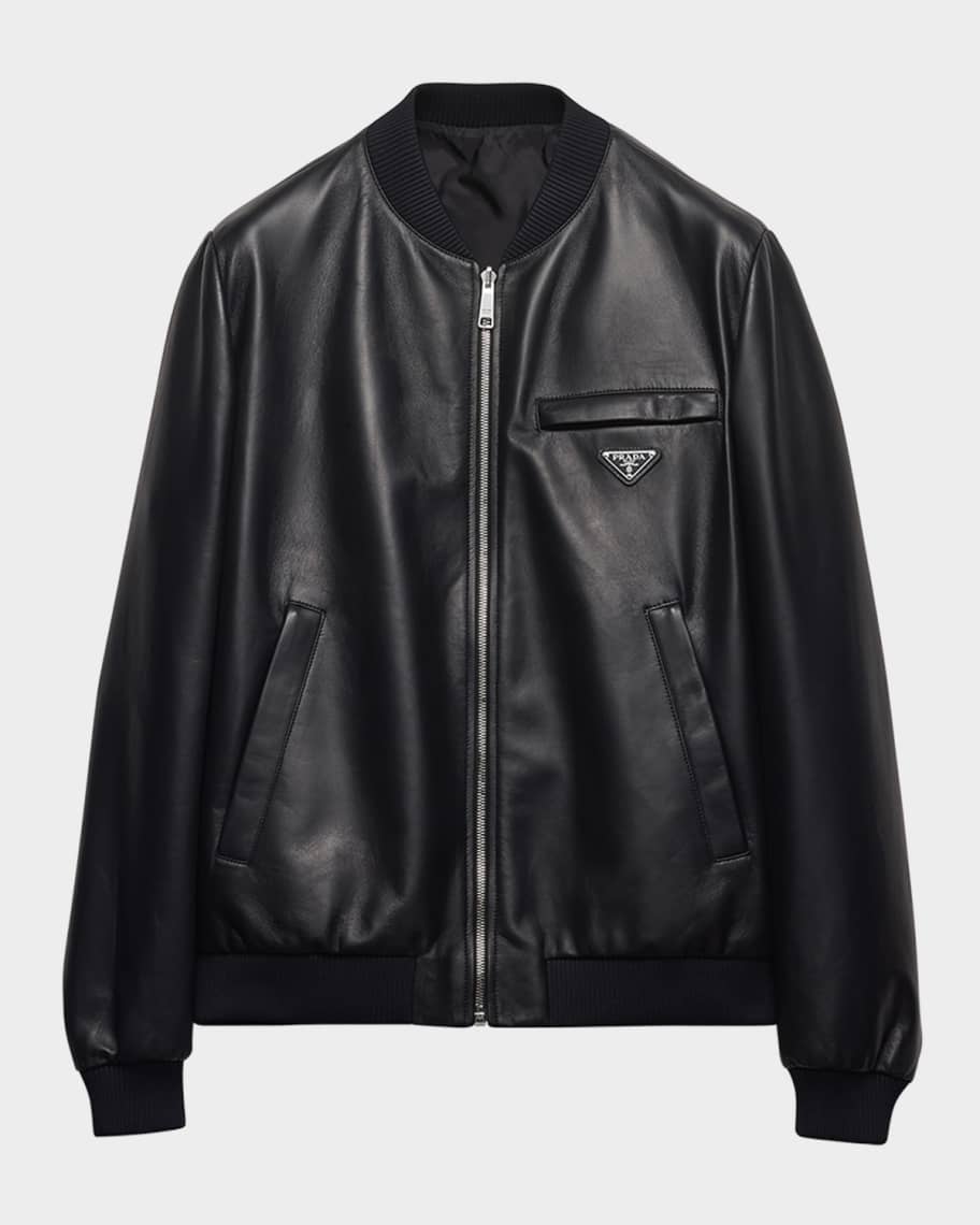 【関税＆送料込み】Prada Logo-AppliquAC Leather Bomber Jack Prada logo-appliqué Leather Bomber Jacket | Black | FARFETCH