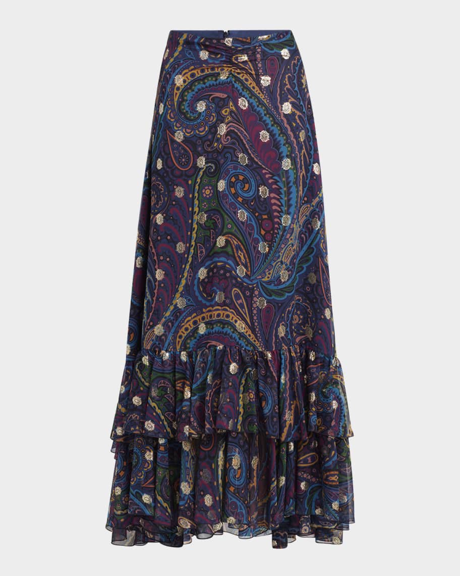 Etro Emerald Paisley Ruffle Fil Maxi Skirt | Neiman Marcus