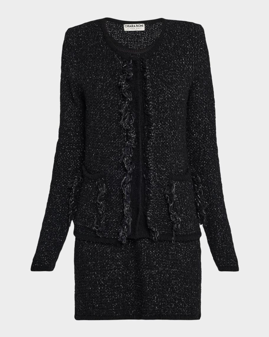 Chiara Boni La Petite Robe Fringe-Trim Shimmer Knit Cardigan | Neiman ...