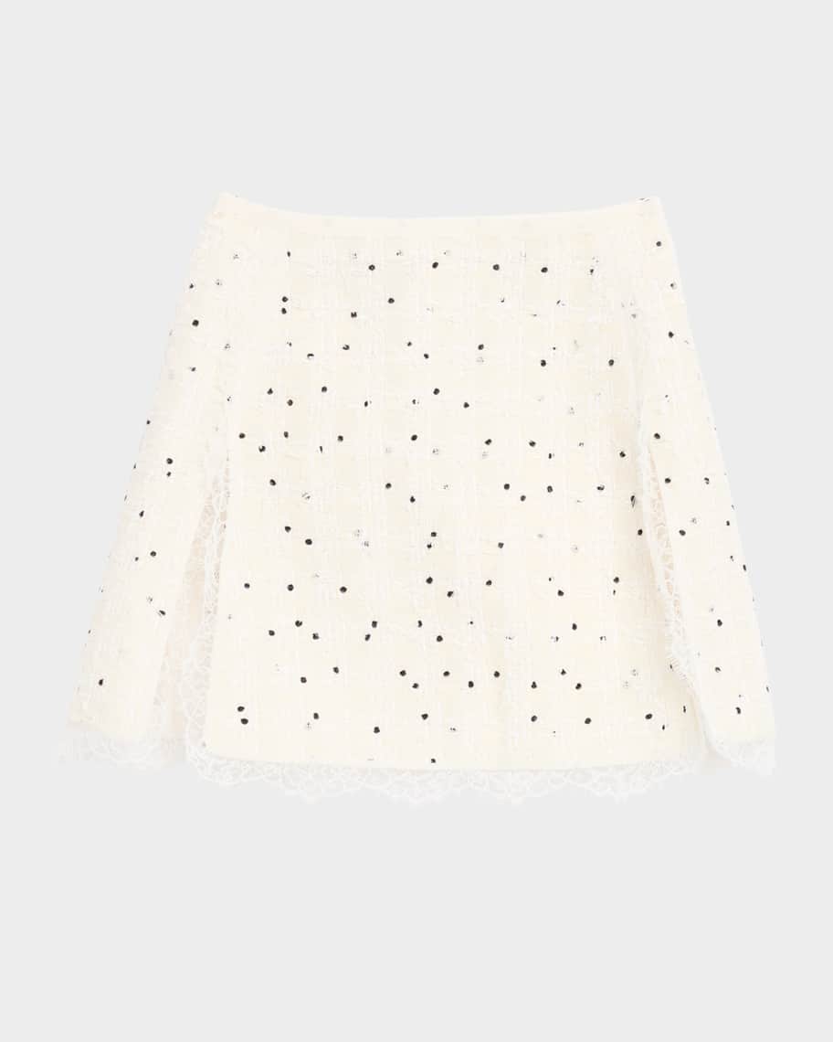 Giambattista Valli Polka-Dot Boucle Lace-Trim Mini Skirt