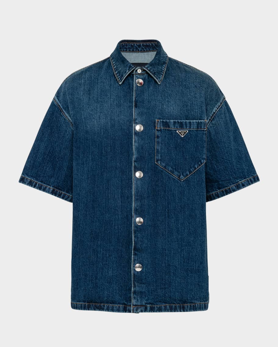 Prada Denim Short-Sleeve Collare Shirt | Neiman Marcus