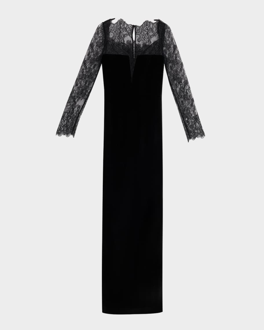 Roland Mouret Lace Long-Sleeve Velvet Column Gown | Neiman