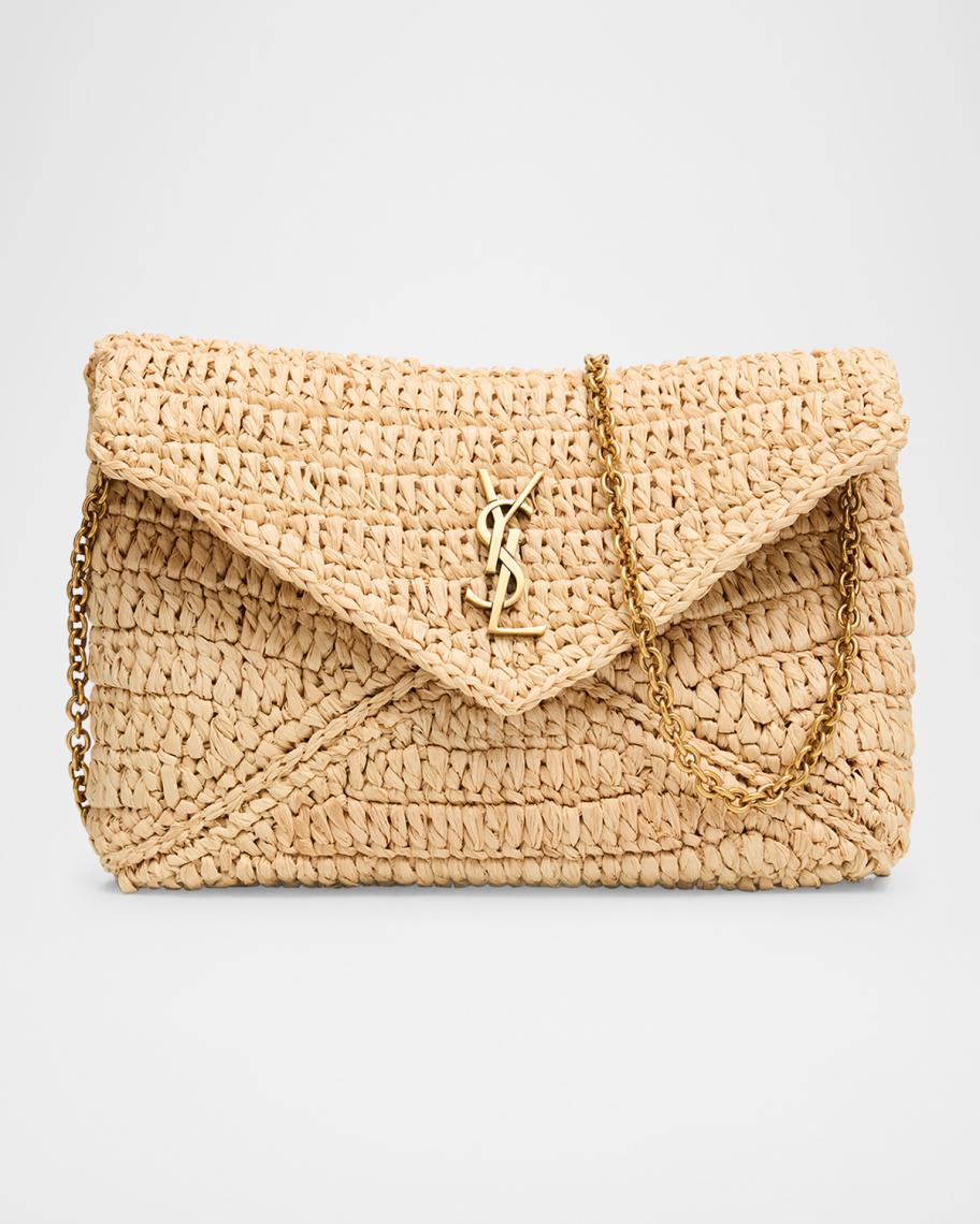 Saint Laurent Envelope Flap YSL Shoulder Bag in Raffia | Neiman Marcus
