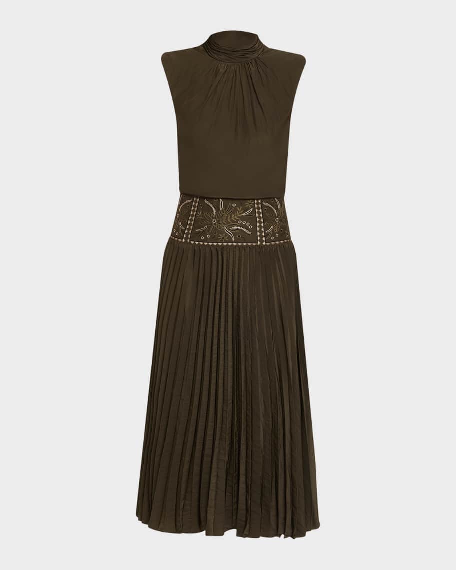 Ramy Brook Kimberly Embroidered Pleated Midi Dress | Neiman Marcus