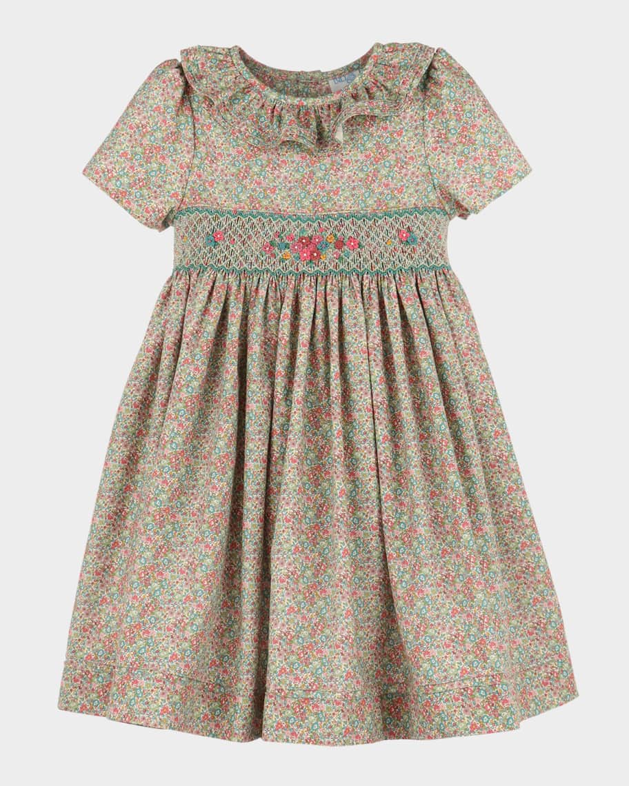 Luli & Me Girls Blue & Green Floral Smocked Dress - Sash in Back main image 1