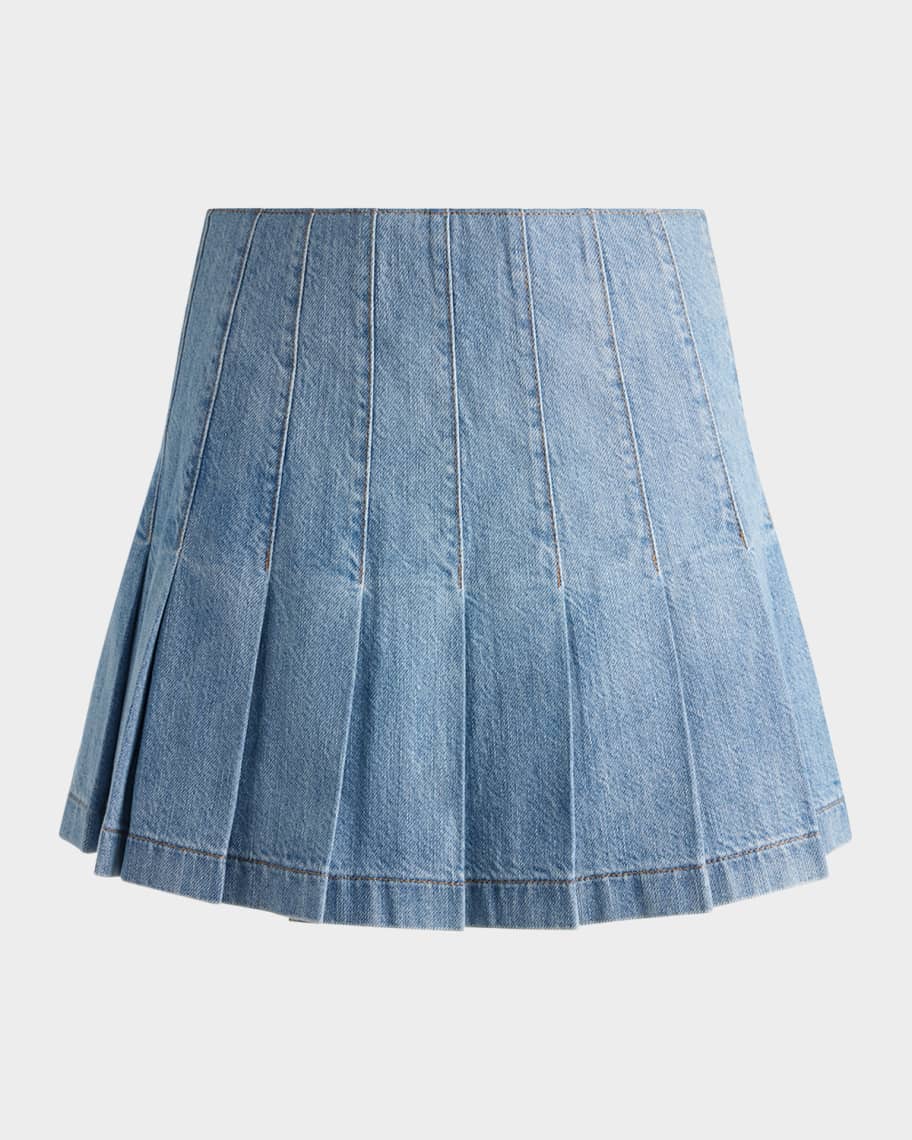 ALICE + OLIVIA Carter Pleated Denim Mini Skirt | Neiman Marcus