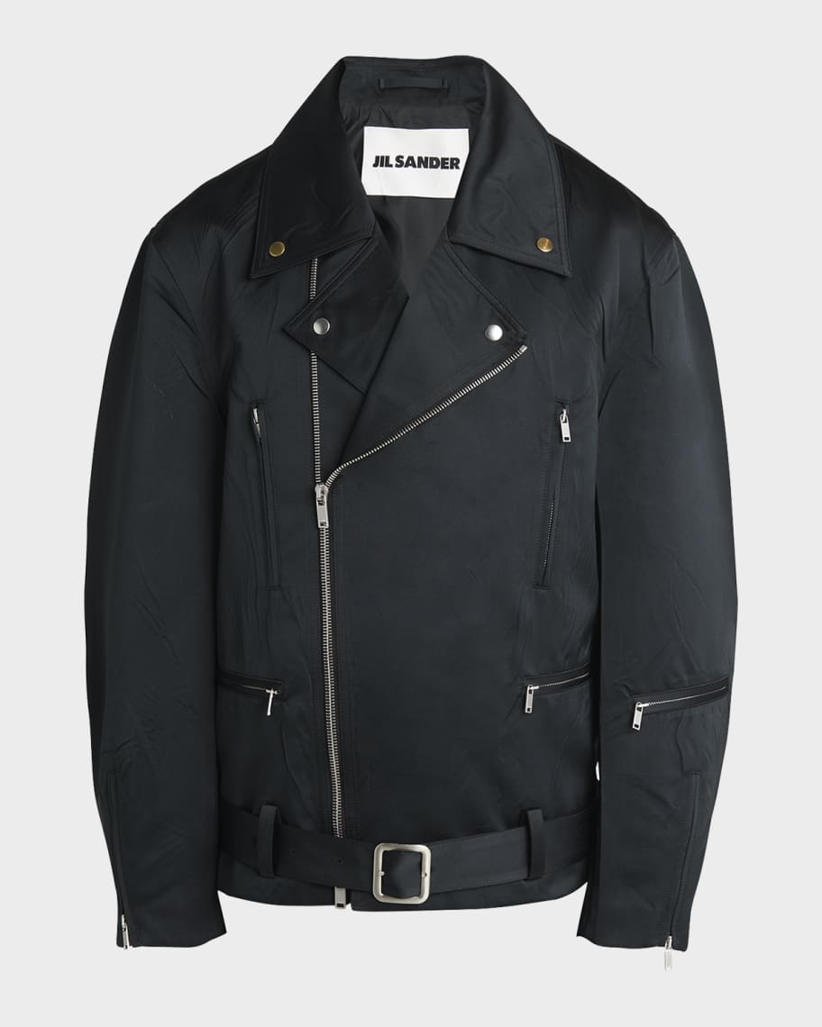 JIL SANDER ブラックジャケット Jil Sander Men's Oversized Asymmetric Zip Biker Jacket | Neiman Marcus