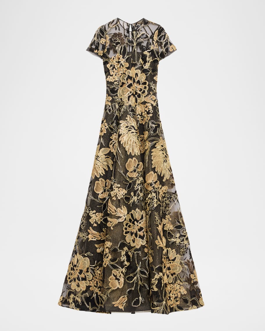 Naeem Khan Metallic Embroidered Short-Sleeve A-Line Gown
