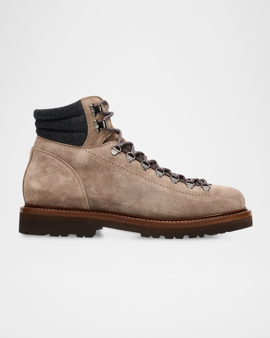 Brunello Cucinelli Men's Suede Wool-Collar Hiking Boots | Neiman