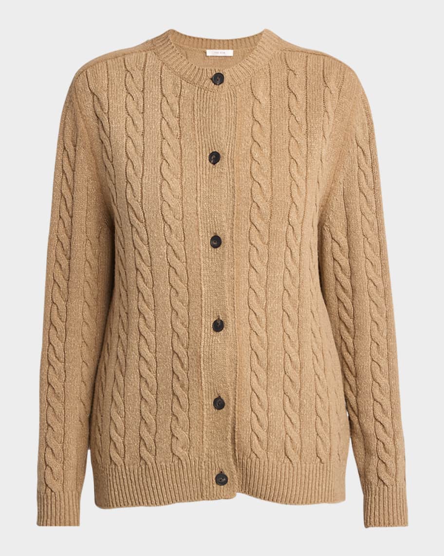 THE ROW Loneke Cable Knit Crewneck Cardigan | Neiman Marcus