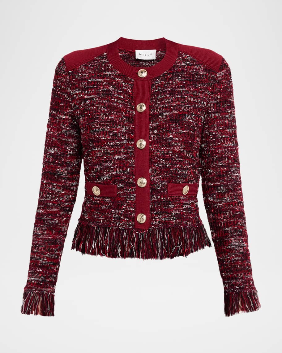 Milly Kelly Fringed Tweed Knit Cardigan Jacket | Neiman Marcus