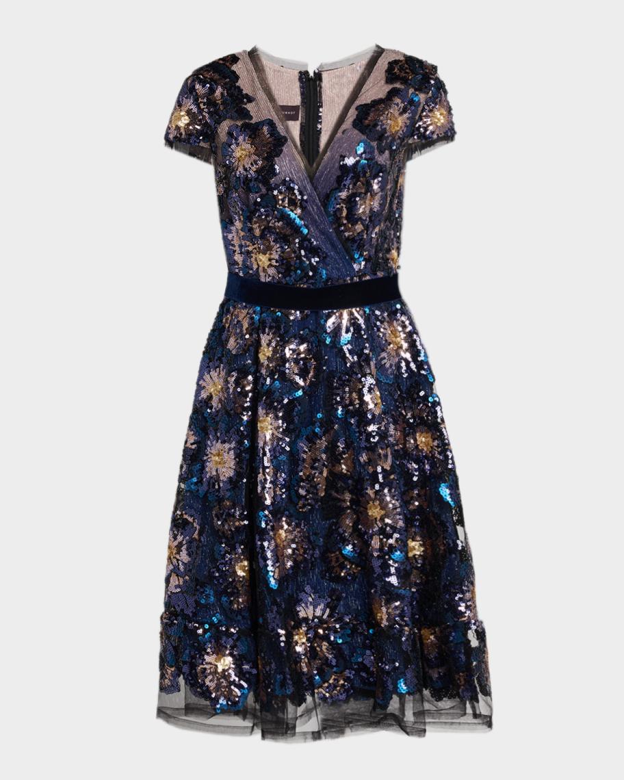 Talbot Runhof Floral Sequin Tulle Midi Dress | Neiman Marcus