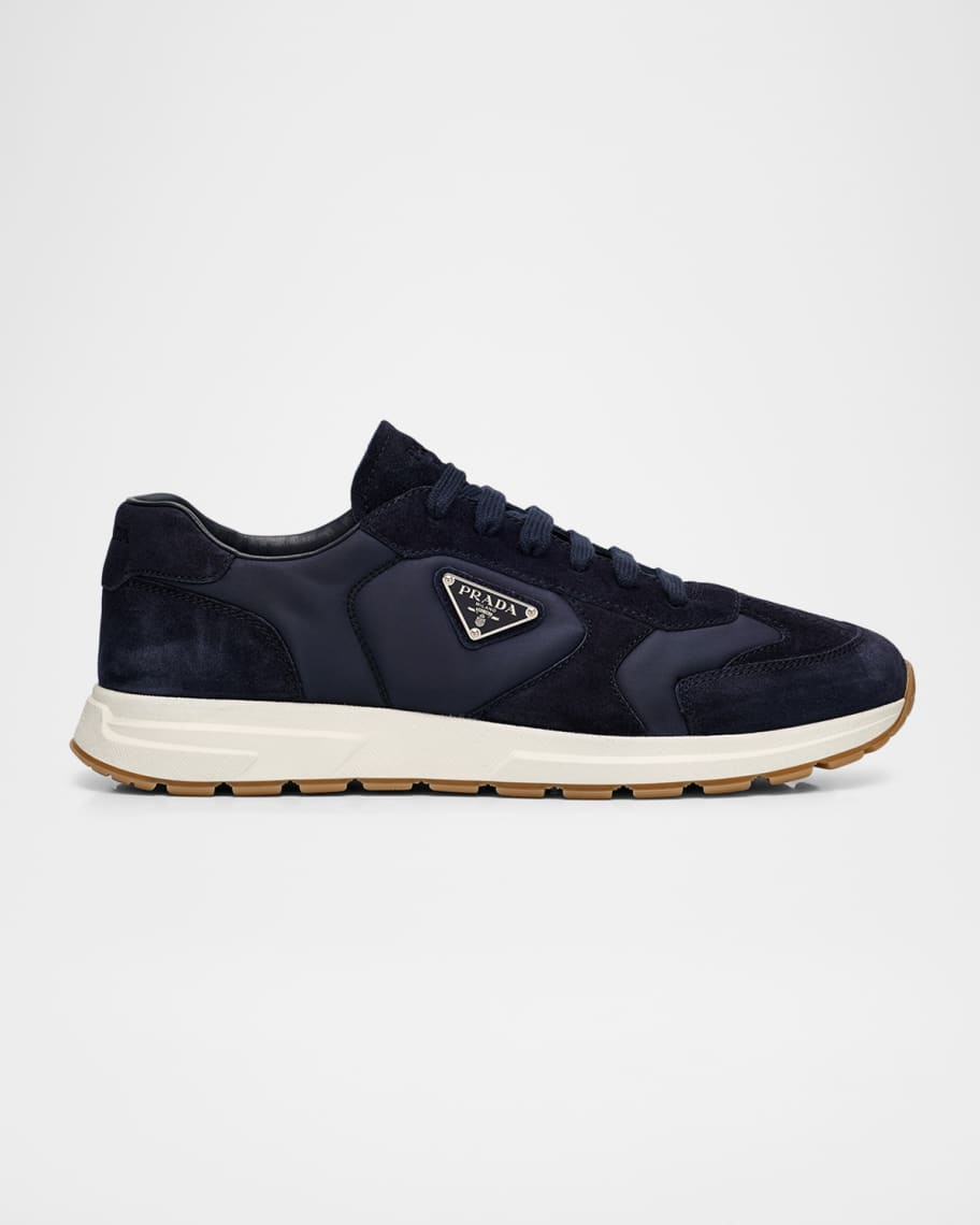 Prada Men's Prax Suede & Re-Nylon Low-Top Sneakers | Neiman Marcus
