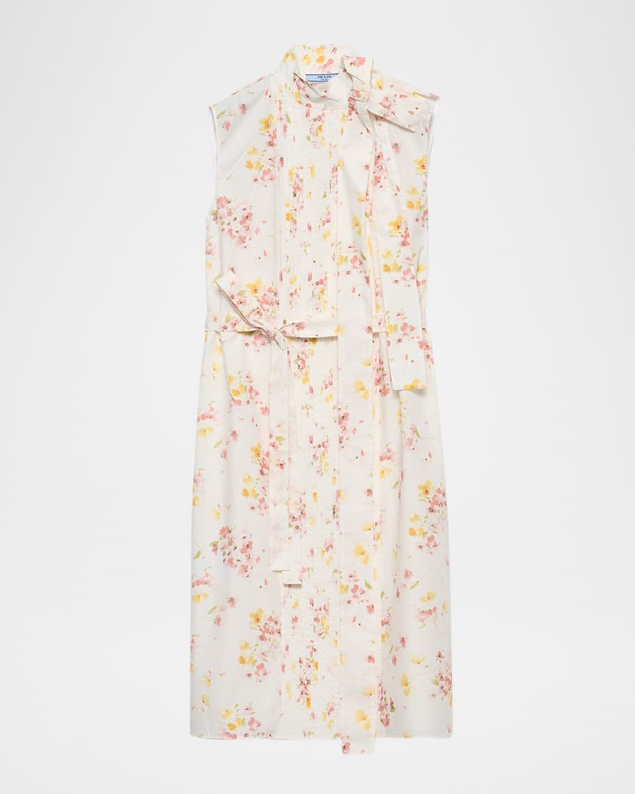 Prada Pleated Floral-Print Poplin Shirtdress | Neiman Marcus