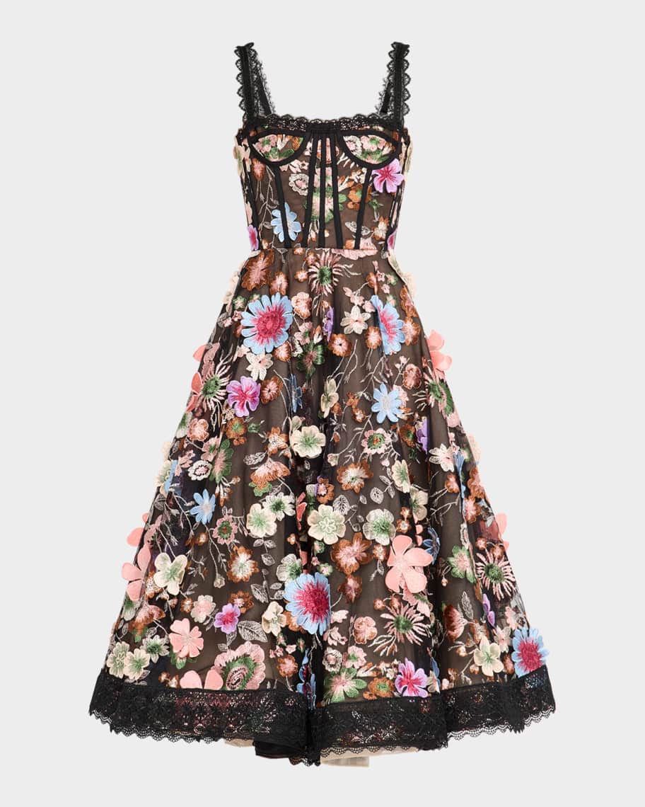 Bronx Banco Amanda Embroidered Lace-Trim Corset Midi Dress