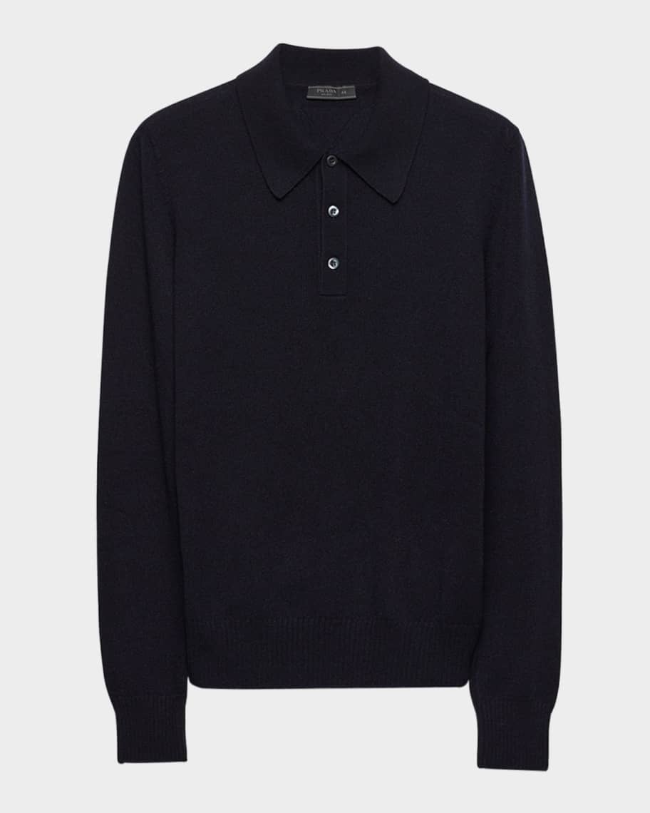 Tシャツ・カットソー PRADA Black Cashmere Blend Polo Shirt Prada Men's Long-Sleeve Cashmere Polo Shirt | Neiman Marcus