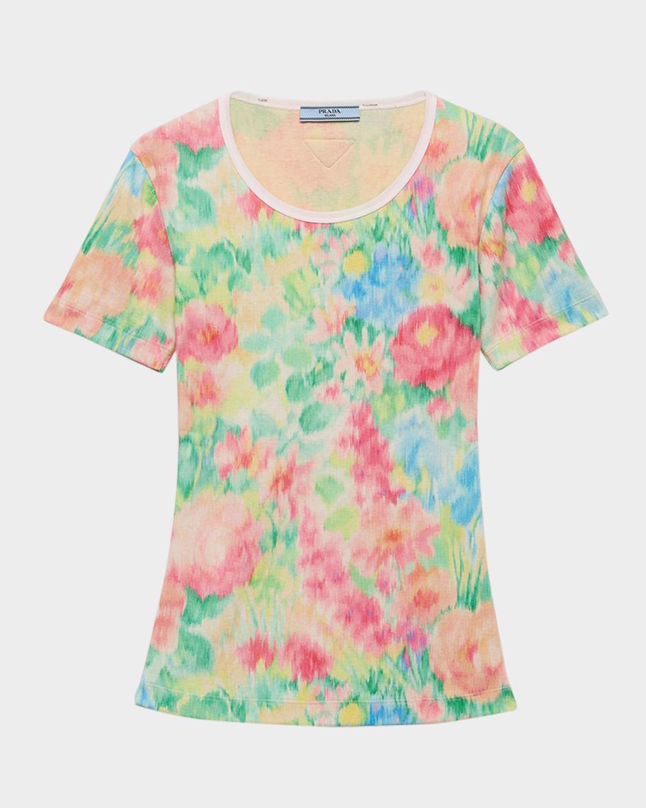 Prada Floral-Print Rib-Knit Cotton T-Shirt | Neiman Marcus