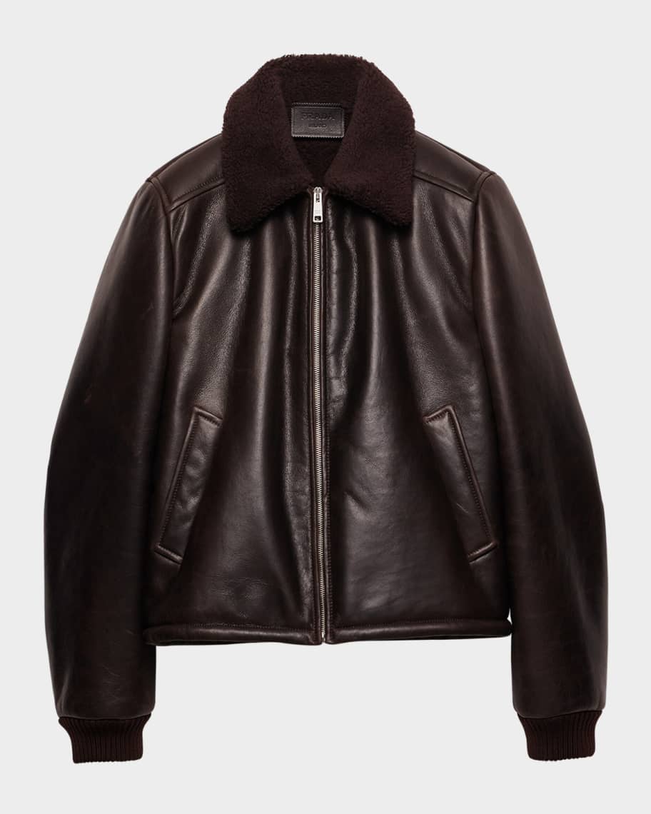 Prada Men's Leather And Sheep-Shearling Collar Aviator Jacket