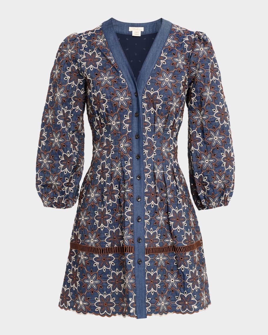 Lina Eyelet-Embroidered Chambray Mini Dress