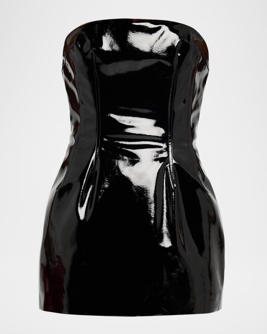 black latex strapless mini dress LaQuan Smith Faux Patent Leather Visible seam detailing sharpens