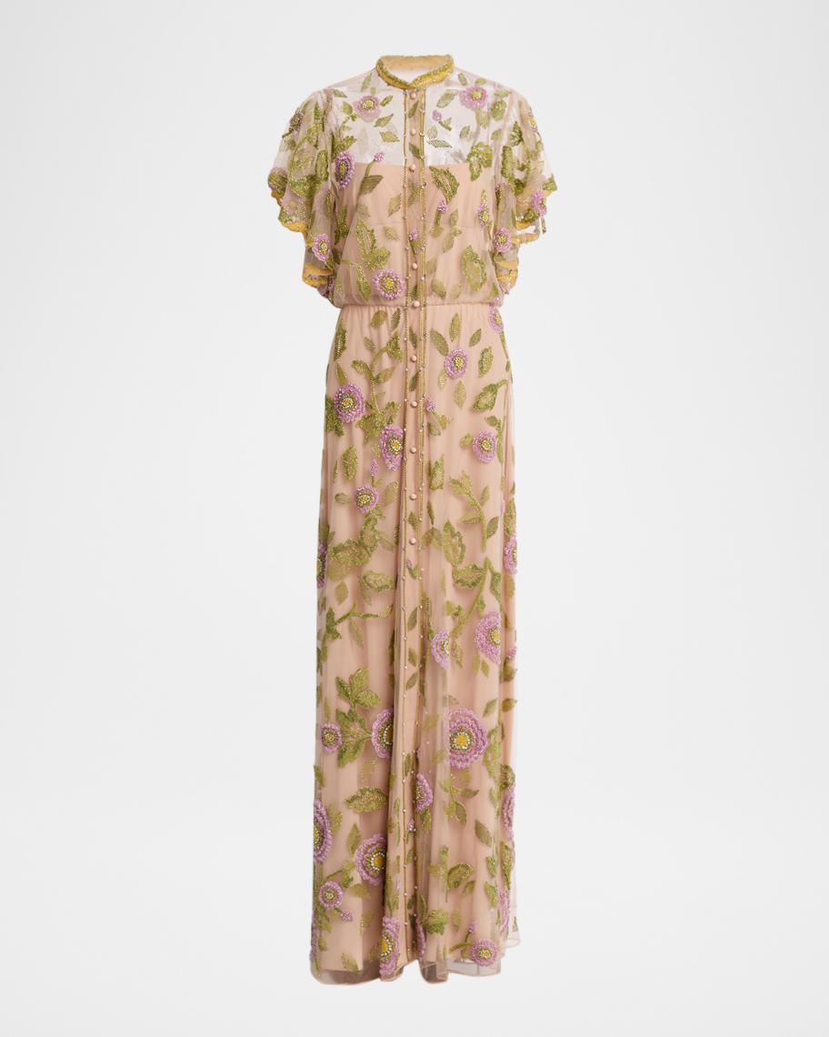 Valentino Garavani Floral Embroidered Flutter-Sleeve Gown  display picture 3