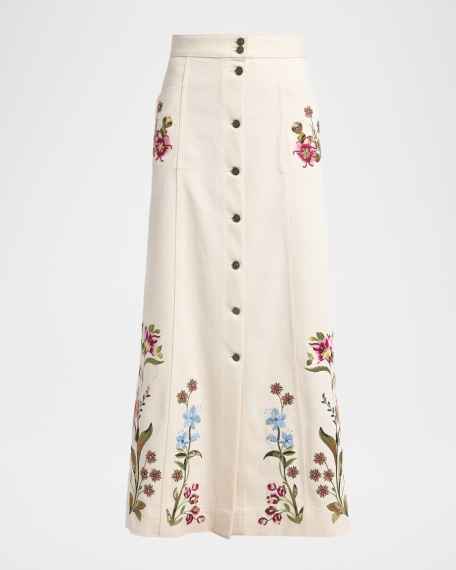 Valentino Garavani Floral Embroidered Denim Button-Front Maxi