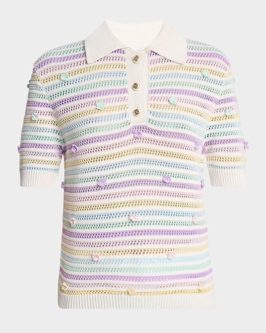 CASABLANCA Flower Striped Crochet Short-Sleeve Polo Shirt | Neiman