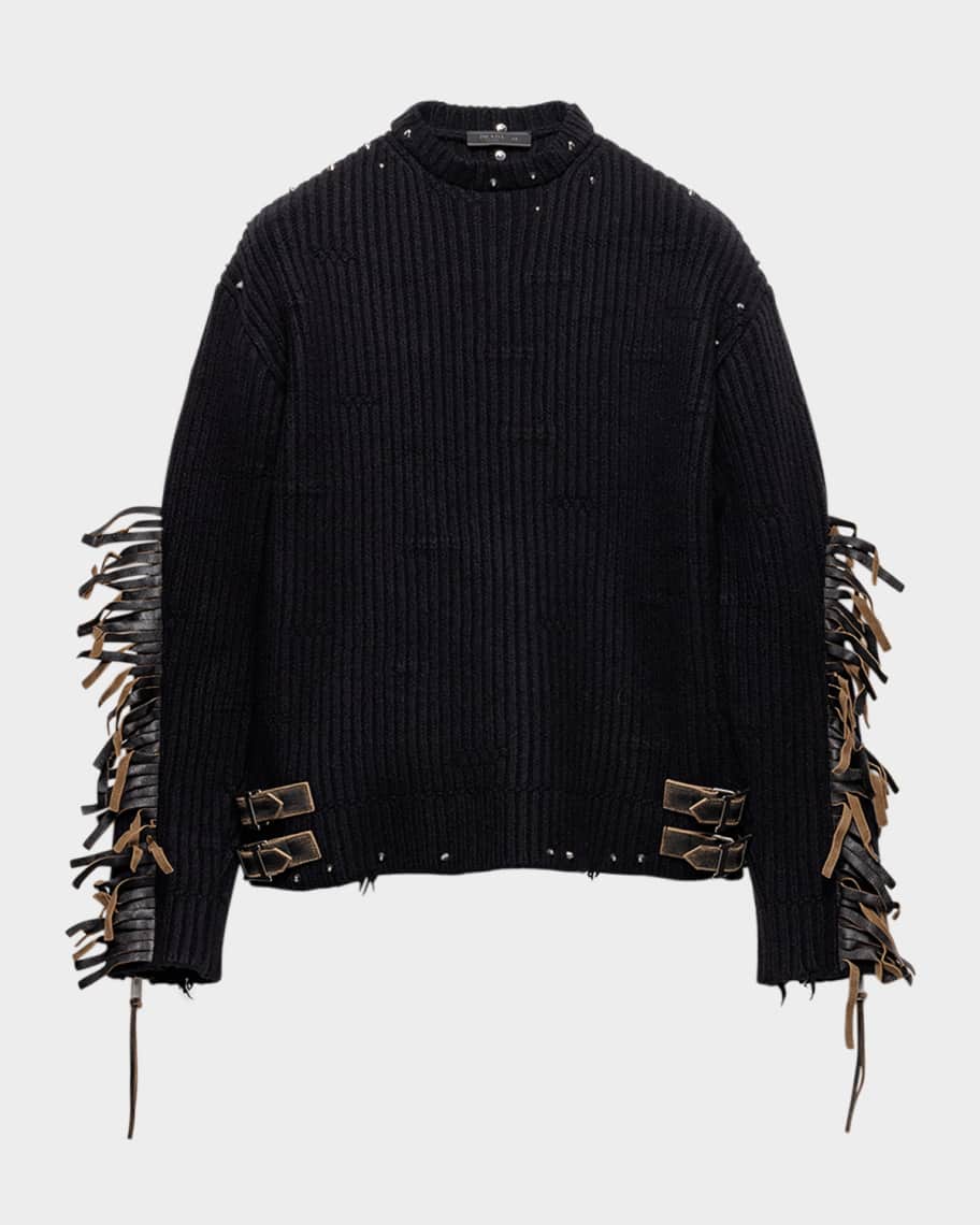 Prada Men's Wool Crew-Neck Sweater with Leather Fringe and Studs