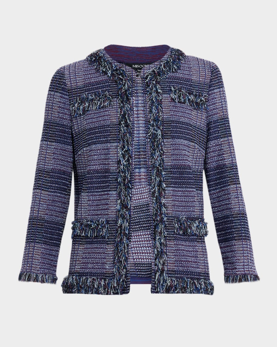 Misook Fringe-Trim Plaid Tweed Jacket | Neiman Marcus