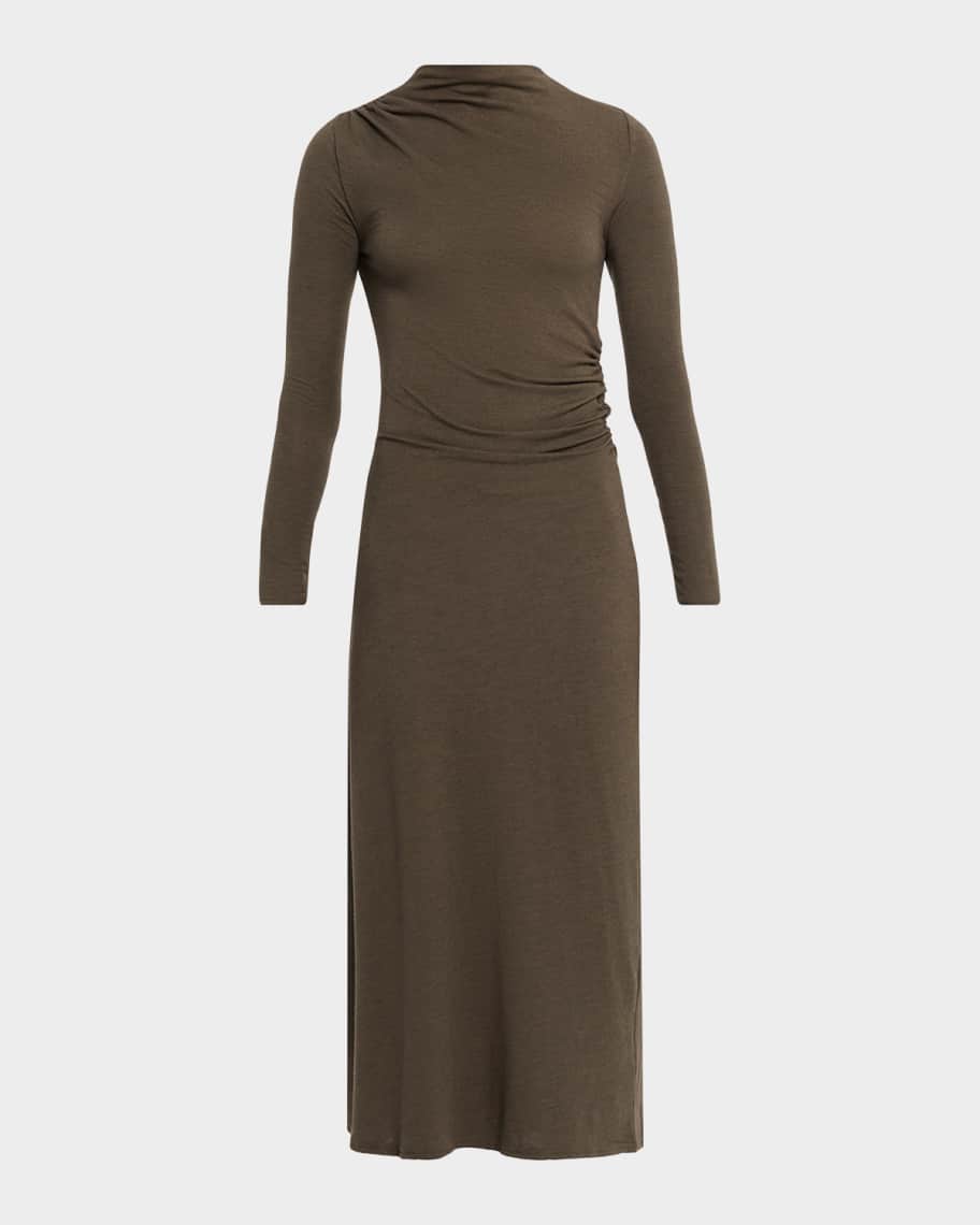 Margaret Draped Long-Sleeve Mesh Midi Dress