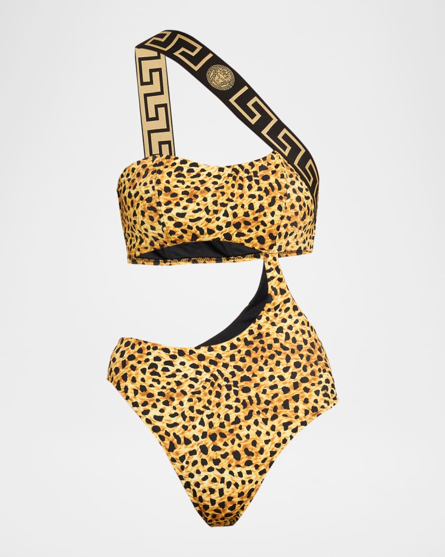 Versace Cheetah Asymmetric Cutout One-Piece Swimsuit | Neiman Marcus