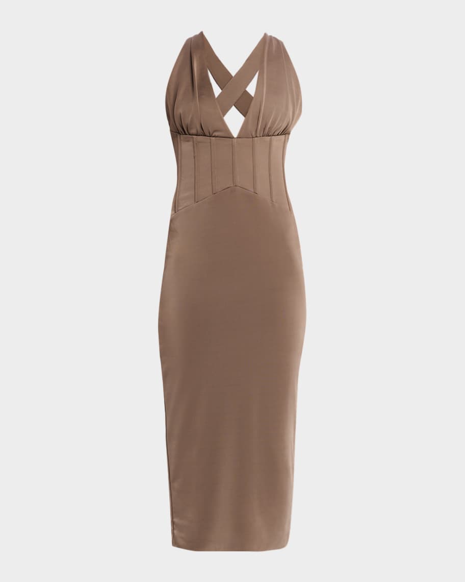 REBECCA VALLANCE Mischa Deep V-Neck Corset Midi Dress | Neiman Marcus