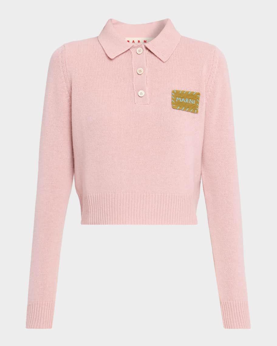 Marni Logo Patch Cashmere Crop Polo Sweater | Neiman Marcus
