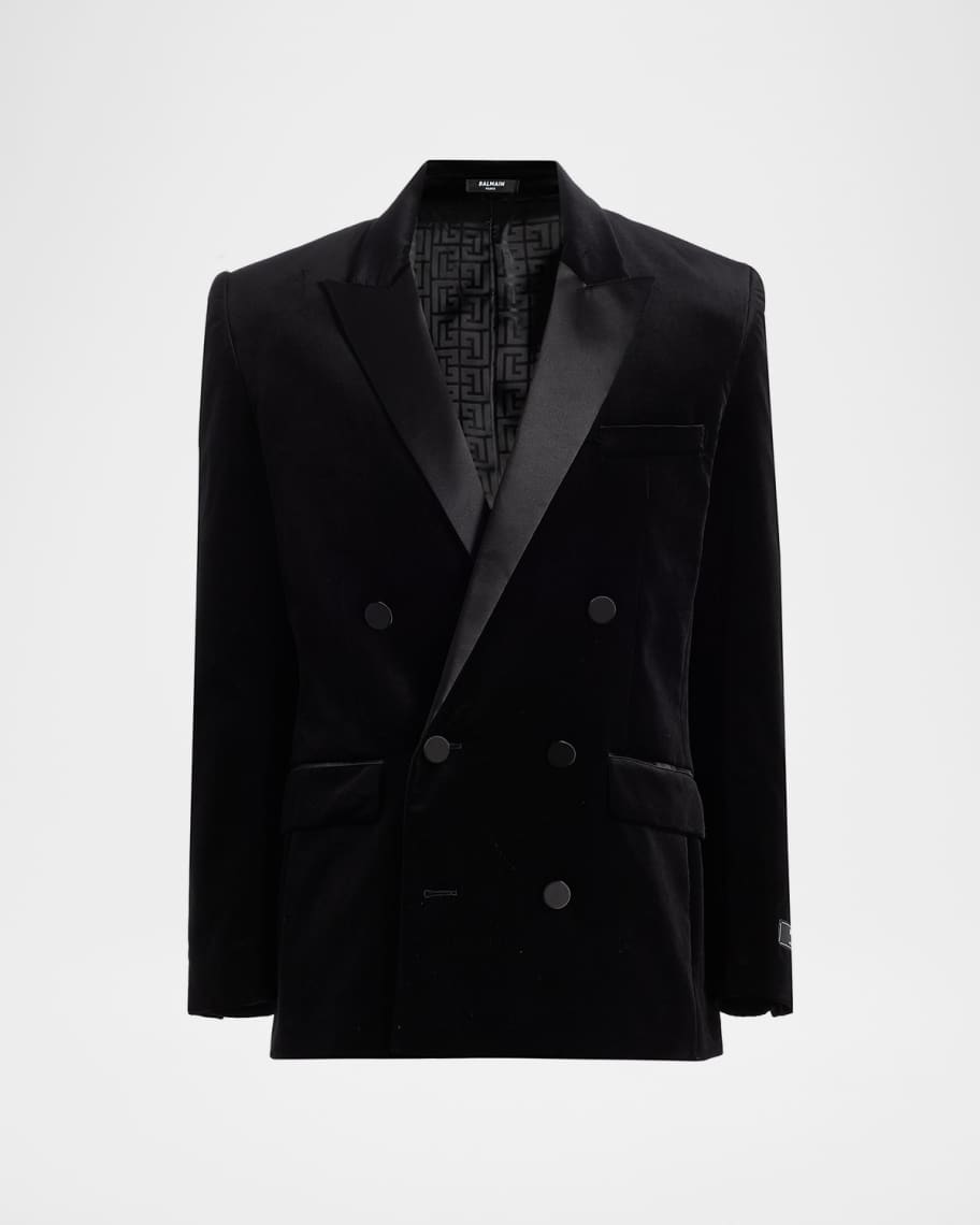 BALMAIN ブラック silkテーラードジャケット Balmain Men's Velvet Satin-Trim Double-Breasted Blazer | Neiman Marcus