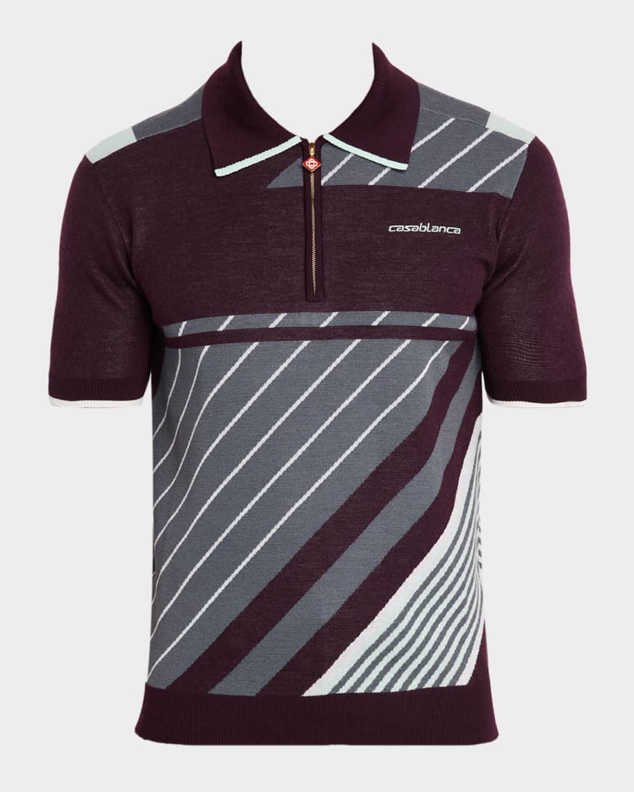 CASABLANCA Men's Merino Wool Diagonal Knit Quarter-Zip Tennis Polo