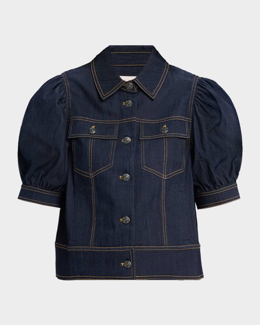 Cinq a Sept Leonie Puff-Sleeve Denim Jacket | Neiman Marcus