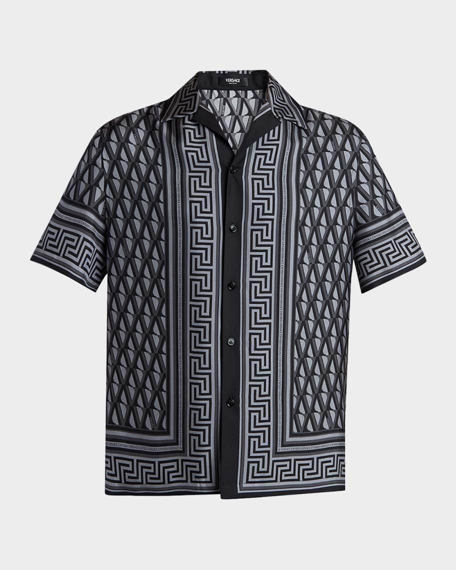 Versace Men's Silk Monogram Greca-Trim Bowling Shirt | Neiman Marcus