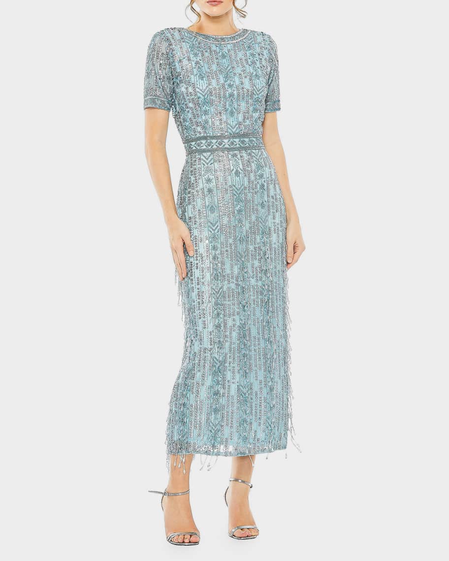Mac Duggal Geometric Beaded Cocktail Midi Dress | Neiman Marcus