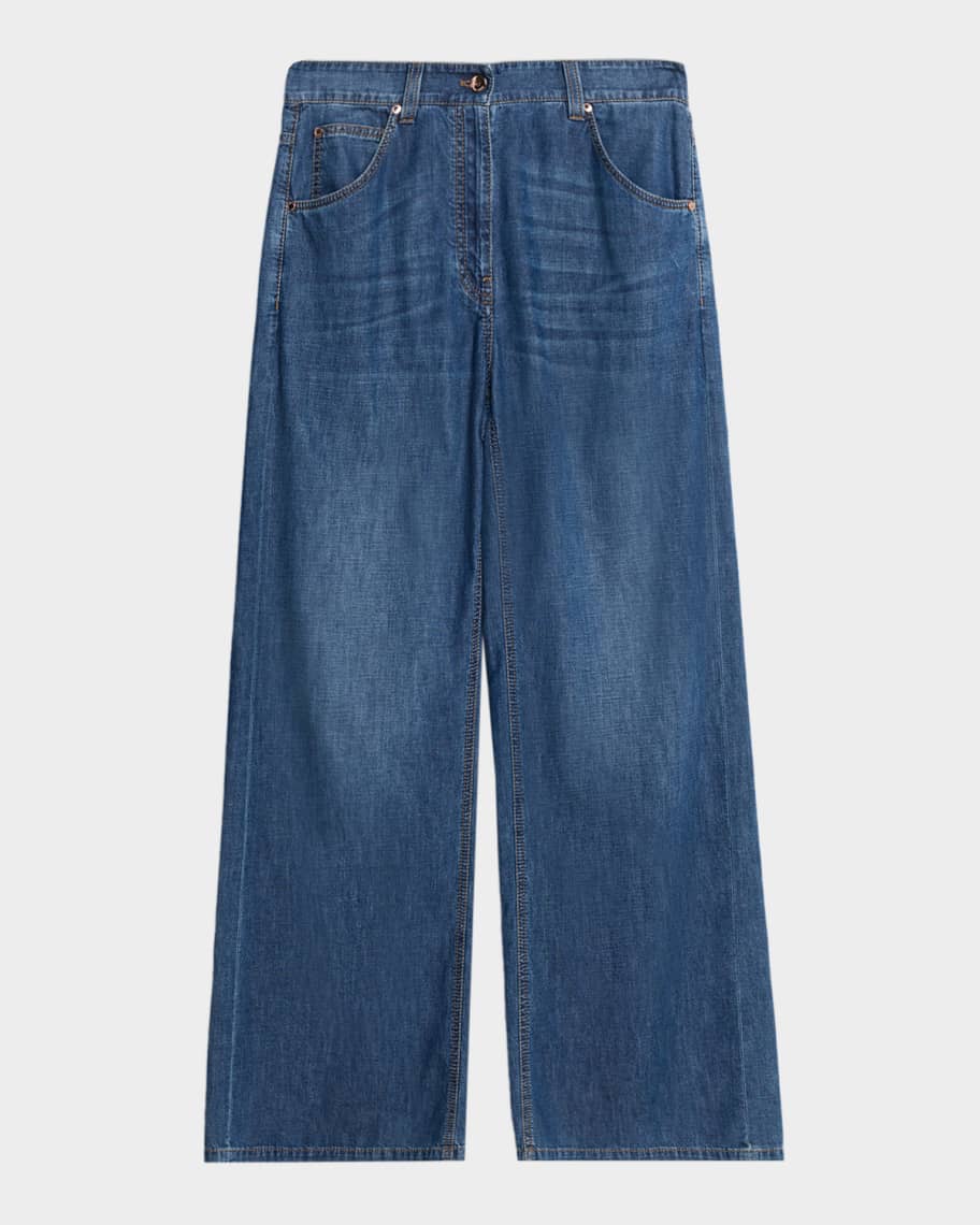 Brunello Cucinelli Lightweight Denim Wide-Leg Jeans With Monili