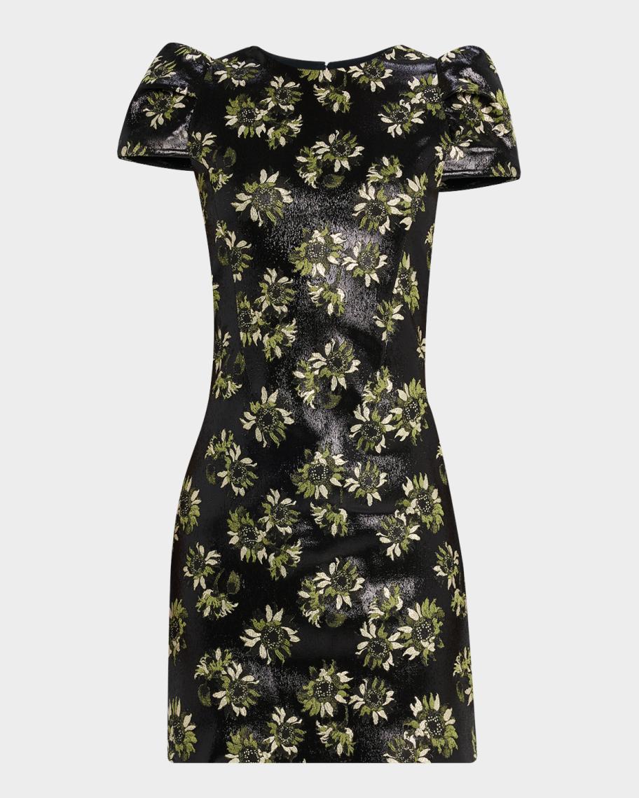 McQueen Lacquered Sunflower Jacquard Puff-Sleeve Mini Dress