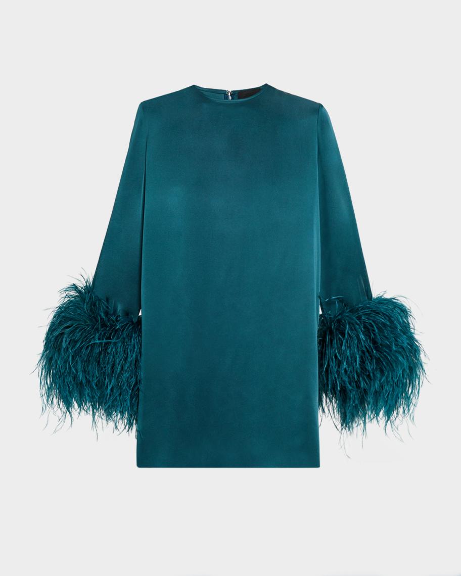 Neiman Marcus Satin Feather-Cuff Shift Dress