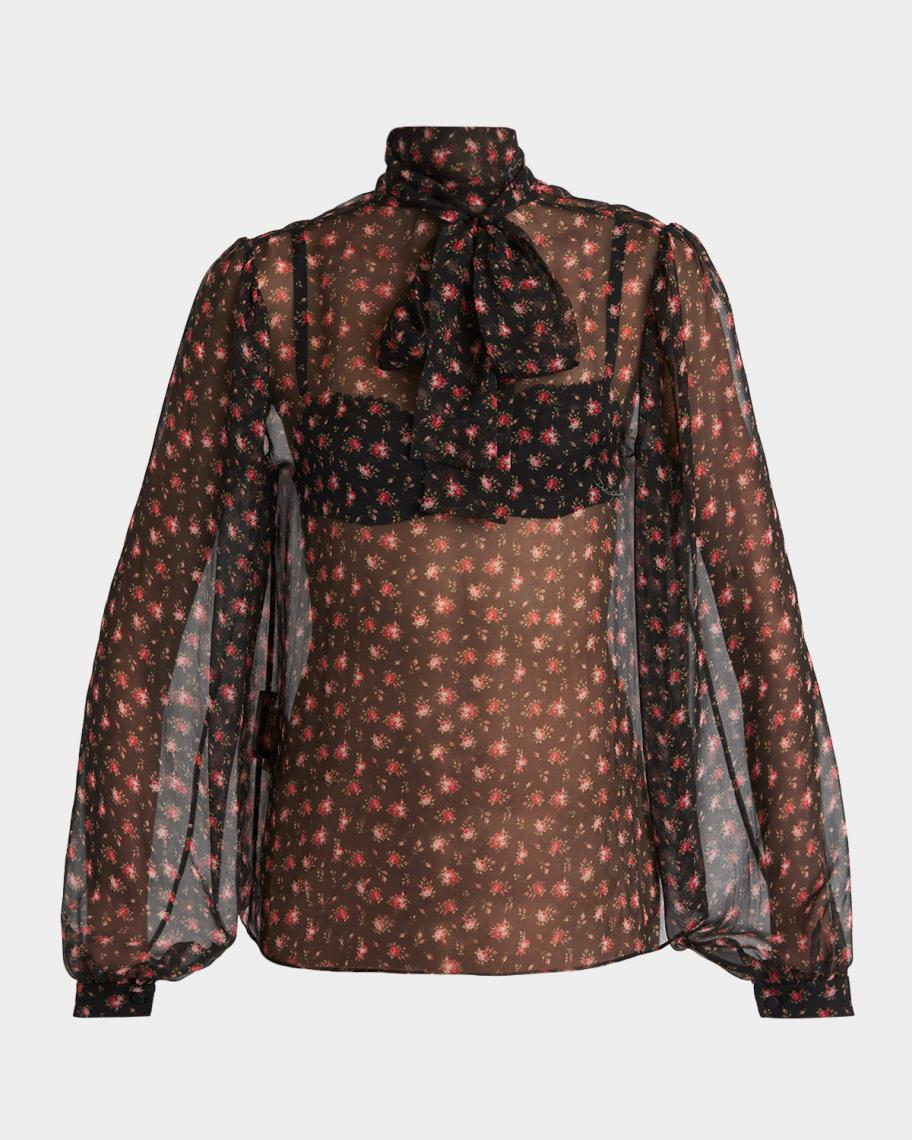 Dolce&Gabbana Rose-Print Chiffon Bow-Neck Blouse | Neiman Marcus