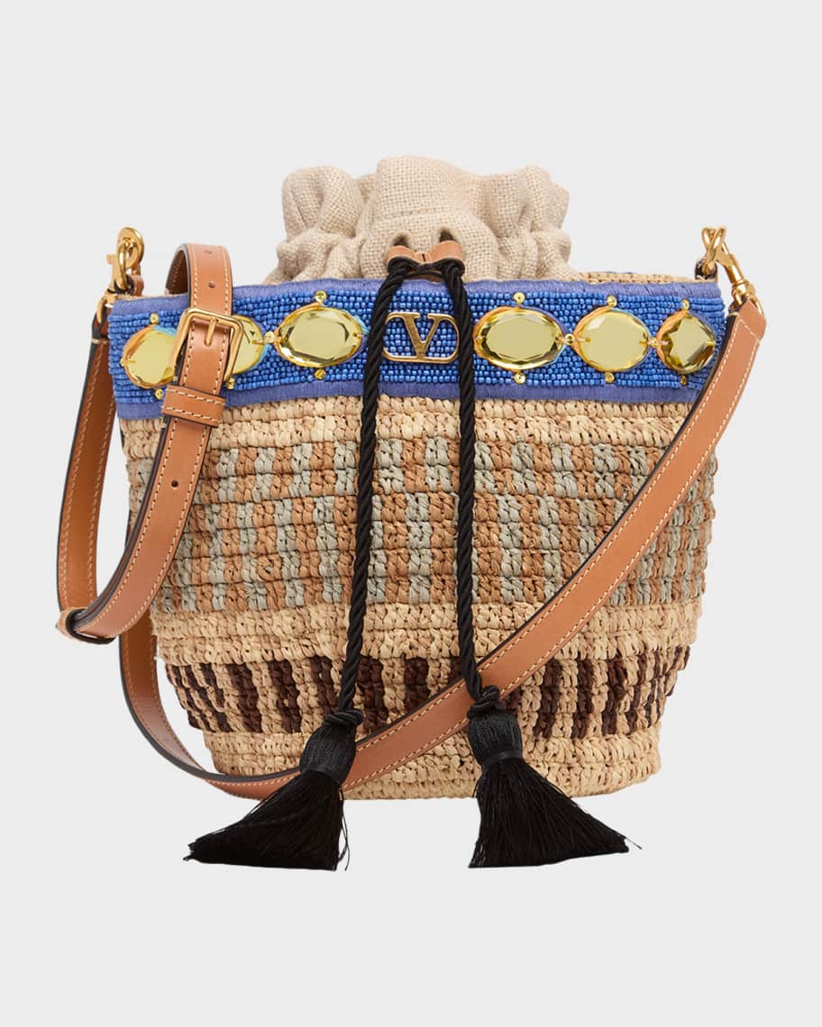 Valentino Garavani Small Viscose Raffia Beaded Bucket Bag | Neiman