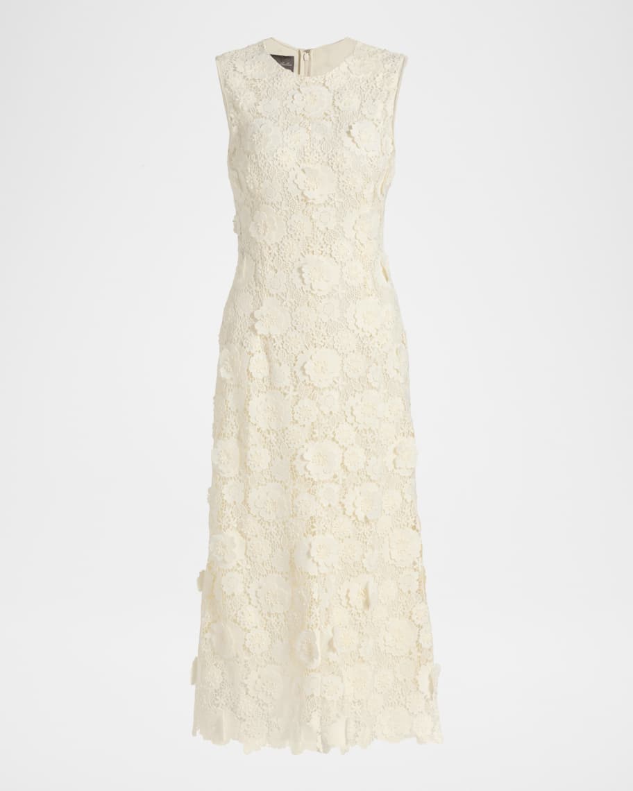 Monique Lhuillier 3D Flower Guipure Sleeveless Midi Dress, Ivory, Women's, 8, Cocktail & Party Wedding Guest Dresses Sleeveless Dresses