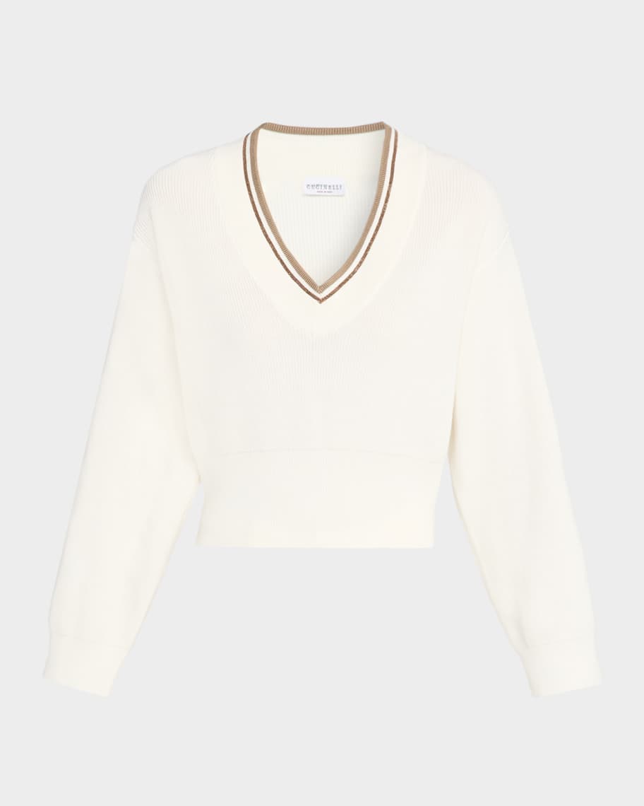 Brunello Cucinelli Cotton English Rib V-Neck Sweater | Neiman Marcus