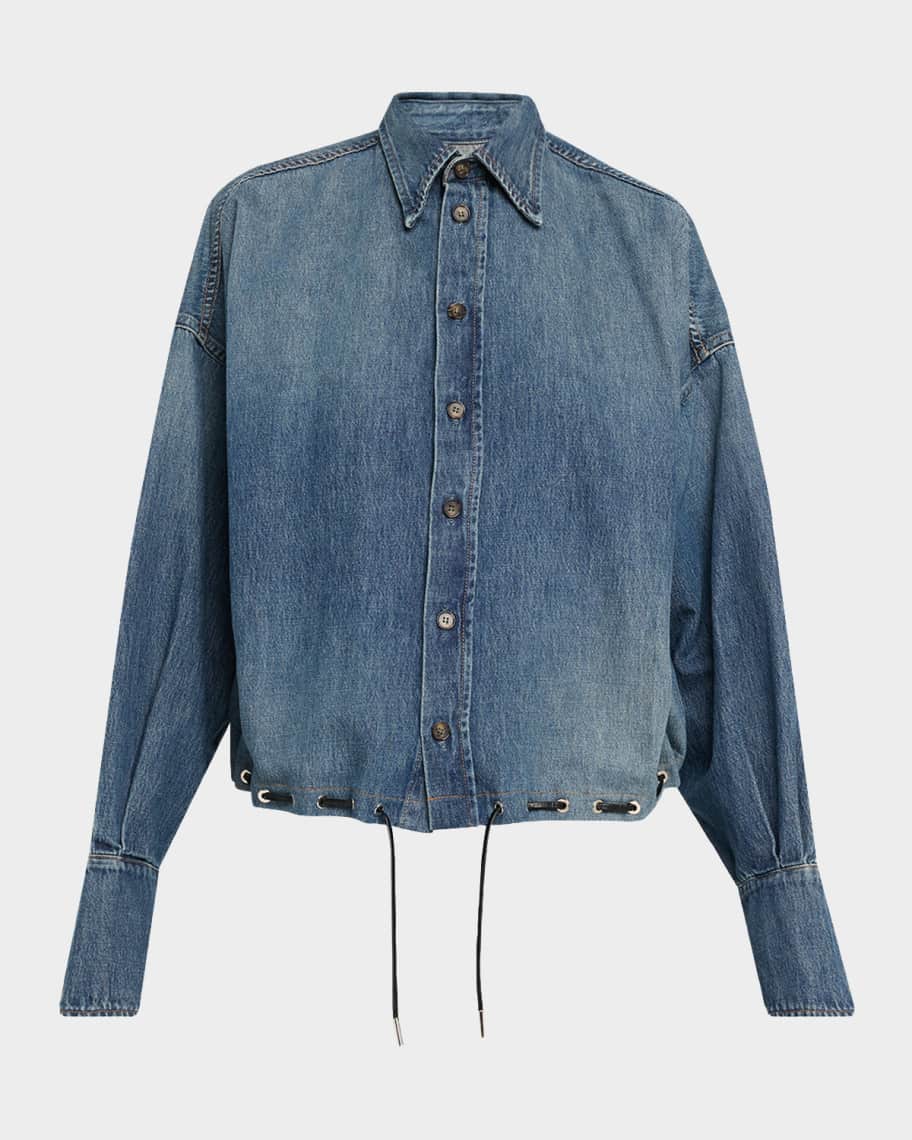 Brandon Maxwell Leland Denim Drawstring Bubble Shirt | Neiman Marcus
